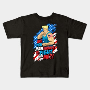 Street Fighter Guile: Are You Man Enough to Fight With Me? (Blue) Kids T-Shirt